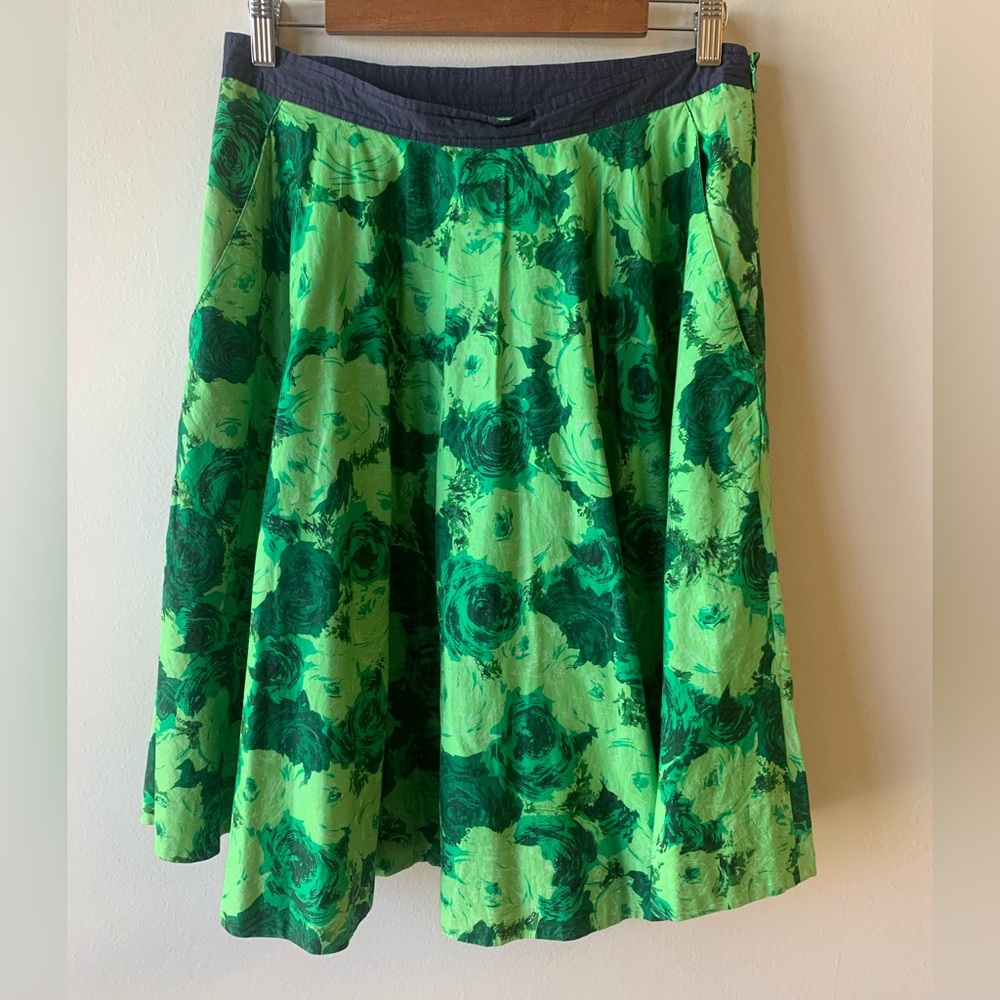 Anthropologie Green Floral A-Line Skirt